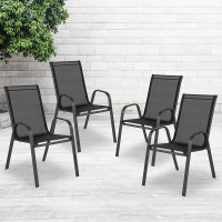 Flash Furniture 4-JJ-303C-GG 4 Pack Brazos Series Black Outdoor Stack Chair with Flex Comfort Material and Metal Frame